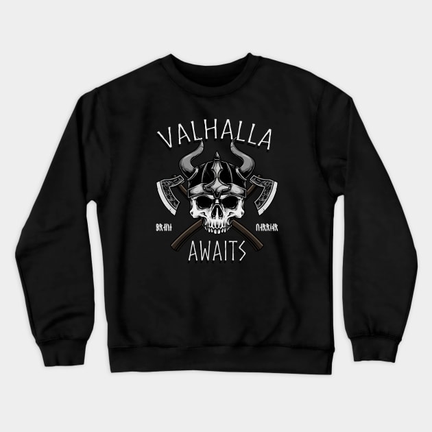 Valhalla Awaits Viking Skull Crewneck Sweatshirt by Foxxy Merch